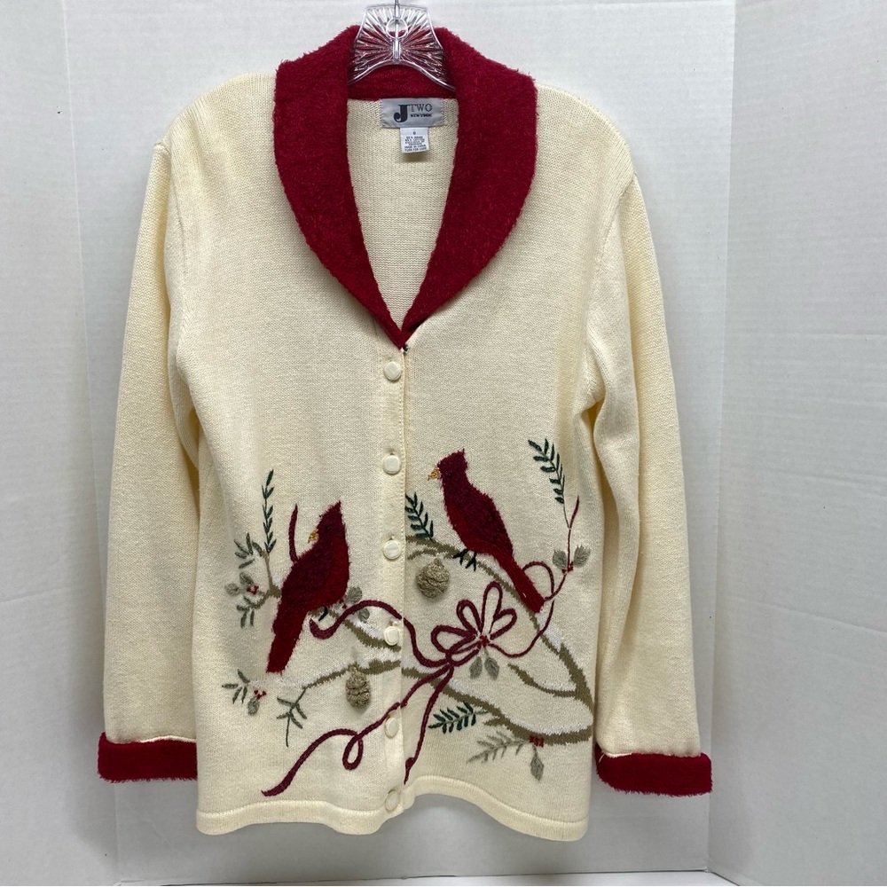 Vintage J Two New York Button Front Small Cardigan Cardinals Embroidered Front